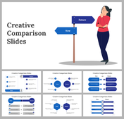 A pack of creative comparison slides showcasing now and future with a woman contemplating at a signpost and various layouts.