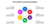 Circular layout of seven colorful hexagons with white icons, each connected to placeholder on both sides of the slide.