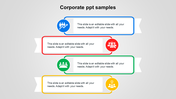 Corporate PowerPoint template with four colorful text boxes connected by curved lines, each featuring an icon.