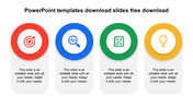 Four circular icons in red, blue, green, and yellow with captions below, set on a white background.