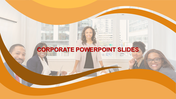 Corporate slide with a diverse team meeting in an office, overlaid with curved orange wave shapes and central red title text.