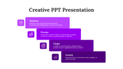 creative ppt presentation with purple gradient blocks, business icons, clean layout, and structured content design.