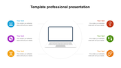 Professional laptop illustration at center with six circular icon around it, each linked to  text blocks in different colors.