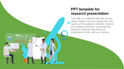 Green and white layout featuring a large blue microscope graphic with researchers, and lab equipment illustrations.