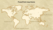 Vintage style world map PowerPoint slide with labeled oceans and beige background.