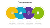 Modern sample PowerPoint slide with four overlapping colorful circles featuring business icons with placeholder text.