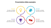 Circular four step infographic with icons for lightbulb, puzzle, chat, and trophy in yellow, blue, red, and purple arcs.