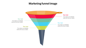 Layered marketing funnel graphic with five colorful segments, each linked to editable caption areas on both sides.