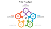 Colorful hexagonal flowchart with six segments radiating from a central circle, each containing icons and text placeholders. 