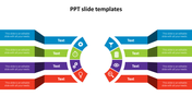 A PowerPoint template with a circular flow and colorful sections, each containing icons and text areas on a white backdrop.