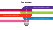 Colorful lightbulb design with six segments in purple, red, green, orange, blue, and pink, each containing an icon.