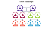 Family tree sample slide with a multicolored hierarchical layout showing family members in circles with placeholder text.