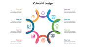 A colorful infographic design featuring eight sections with various icons, each representing different concepts.