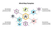 Circular layout with hexagons in shades of purple, blue, and red, linked to a central orange hexagon in a mind map style.
