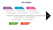 Fish template with six colored text sections aligned on a central line, ending with a fish tail icon.