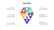 Cute PowerPoint slide with six differently colored triangles and numbered positions for text on a white backdrop.