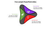 Sample PowerPoint slide featuring a triangular diagram with colorful segments and icons with placeholder text.