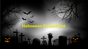 Spooky Halloween slide with glowing pumpkins, graveyard silhouettes, bats, and eerie trees against a misty gray background.