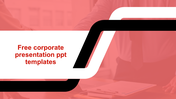 Corporate slide with red overlay background, diagonal black-and-white ribbon design, and bold red title in the center.