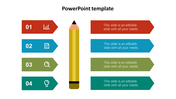 Slide layout with a vertical yellow pencil in the center, flanked by four step arrows on each side in matching colors.
