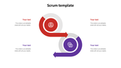 Scrum process slide with red and purple circular arrows pointing opposite directions, each with central icons and side text.