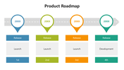 Product roadmap with four colorful cylinders placed along a winding road, each with a text placeholder below.