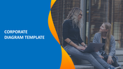 Corporate PPT slide with office workers interacting while sitting on steps with a dynamic blue and orange design.
