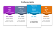 Pricing table slide with four plans in purple, gray, blue, and orange, featuring wavy designs and icons.