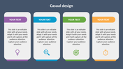 Casual design slide with four rounded text boxes in purple, blue, green, and orange, each with colored icons.