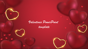 Valentine's Day PowerPoint template with heart shaped balloons and decorations on a red backdrop.