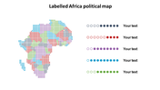 Africa's political map depicted with colorful dots for placeholder text areas and a legend indicating grouped data.