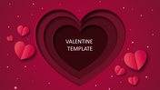 Valentine’s Day design featuring layered red hearts, flanked by pink hearts and white dots on a textured red background.
