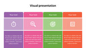 Colorful visual PPT slide with four sections for custom text and icons representing time, analysis, target, and planning.