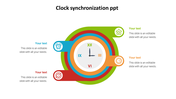 Central clock with four colored arcs containing icons for placeholder text in blue, red, green, and orange.