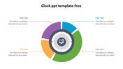 Clock themed PowerPoint template with four colorful segments for each caption, featuring a central clock symbol.