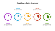 PowerPoint slide with colorful clock icons in five sections, each with space for custom text on a white backdrop.