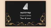 An elegant black wedding card adorned with gold accents and a silhouette of a bride and groom.