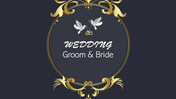 Stylish wedding invitation slide with intricate golden frame, central text, and two white doves holding rings.