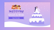 Elegant wedding theme slide with a pastel purple background, featuring couple figurine atop a cake, and save the date banner.