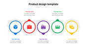 A colorful product design PPT template with circular icons and placeholder text on a white backdrop.