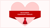 A red business PowerPoint template featuring a heart shaped background and a red dress illustration.