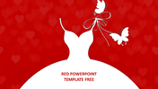 Abstract red background with white silhouette of a dress and butterflies, surrounded by faint heart patterns.