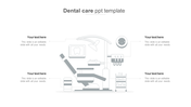 Dental care slide showing grayscale clinic equipment, reclining chair, wall tools, and text placeholders around the layout.