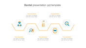 Slide with five hexagonal icons depicting dental tools and care, connected by a yellow zigzag line on a white background.