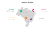 Grey map of Brazil featuring four location pins in green, orange, purple, and pink, with placeholder text areas.