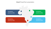 Brazil PowerPoint presentation slide with a map of Brazil, highlighted in four colorful sections with space for text.
