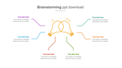 Brainstorming slide with two overlapping yellow lightbulbs in the center and six color coded text boxes around them.