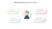 Brainstorming PowerPoint slide with colorful text boxes around a person with gears in their head on a white backdrop.