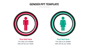 Two circular icons with a male figure in red and a female in teal, enclosed in black rings, representing gender distinctions.