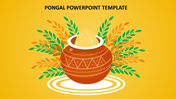 Festive illustration of a Pongal pot with boiling rice, surrounded by golden and green leaves, on a bright yellow background.